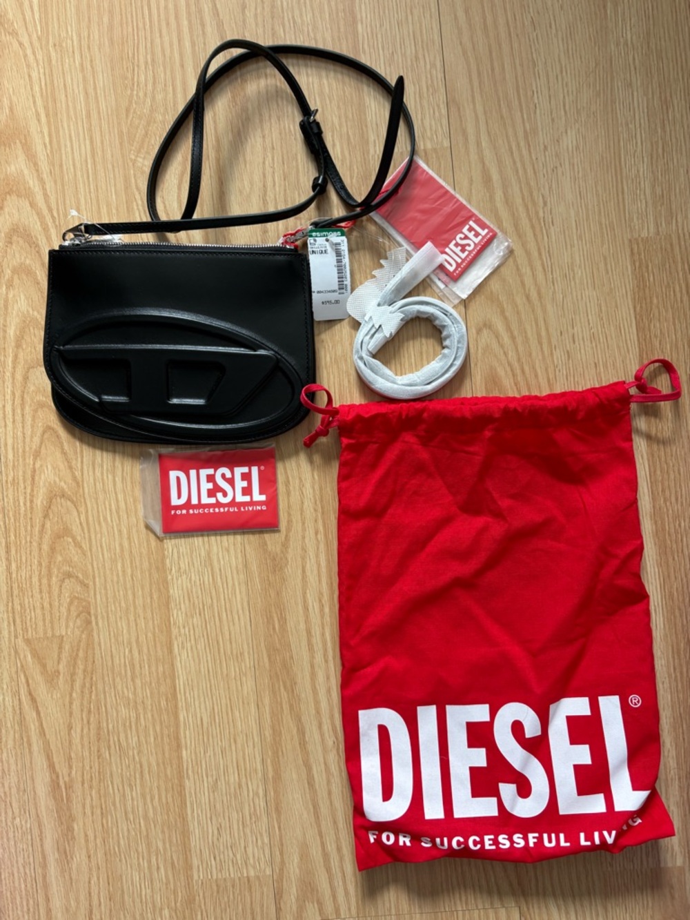 NWT- Diesel Black Leather Crossbody with Red Dust Bag